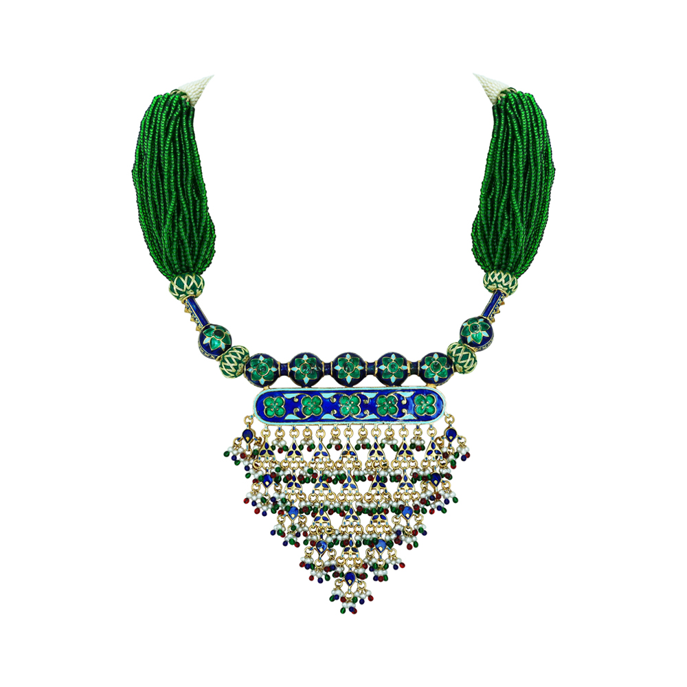 Green Beaded Necklace with Polki and Multicolour Fringe